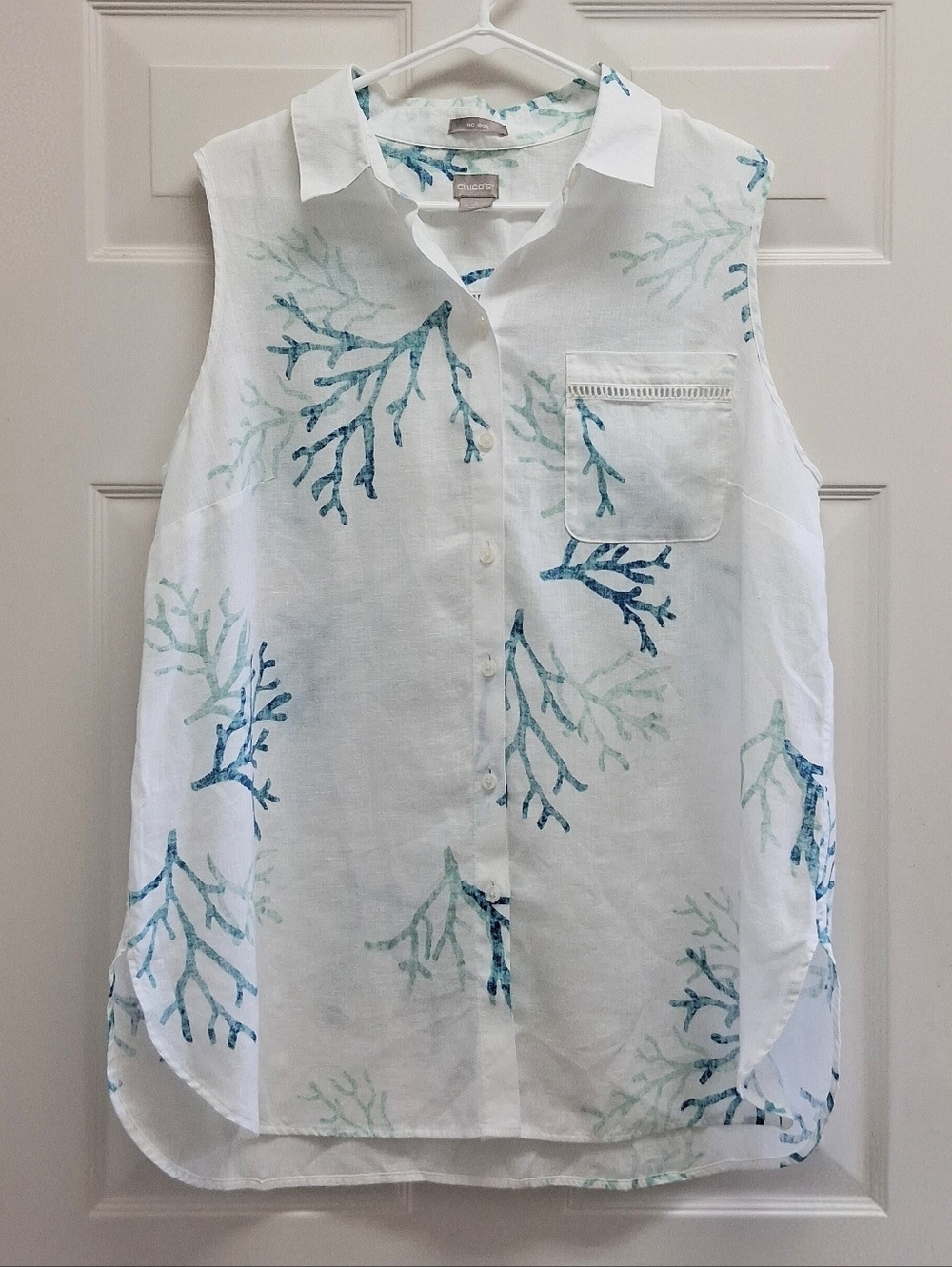 Chicos No Iron 100% Linen Top White Size 3 Coral Print Pocket Resortwear Coastal